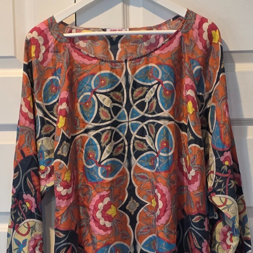 EUC: JOHNNY WAS Lentine Scarf Print Silk Blouse - Picture 5 of 9